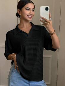 Livesso 女士纯色休闲宽松纹理 Polo 领 T 恤 - 黑色 - 查看 5