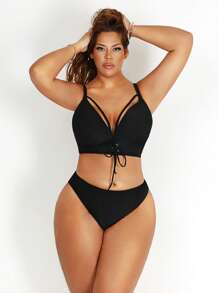 Swim Lushoire 大码女式假日纯色前系带休闲分体泳衣套装 - 黑色 - 查看 1