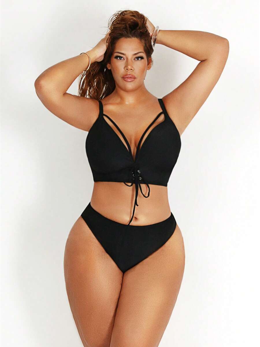 Swim Lushoire 大码女式假日纯色前系带休闲分体泳衣套装 - 黑色 - 查看 1