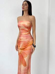 SHEIN Privé Elegante romantische mode voor dames, sexy elegante bloemenprint bodycon bandeaujurk met ruches aan de zoom, geschikt voor feest, Kerstmis