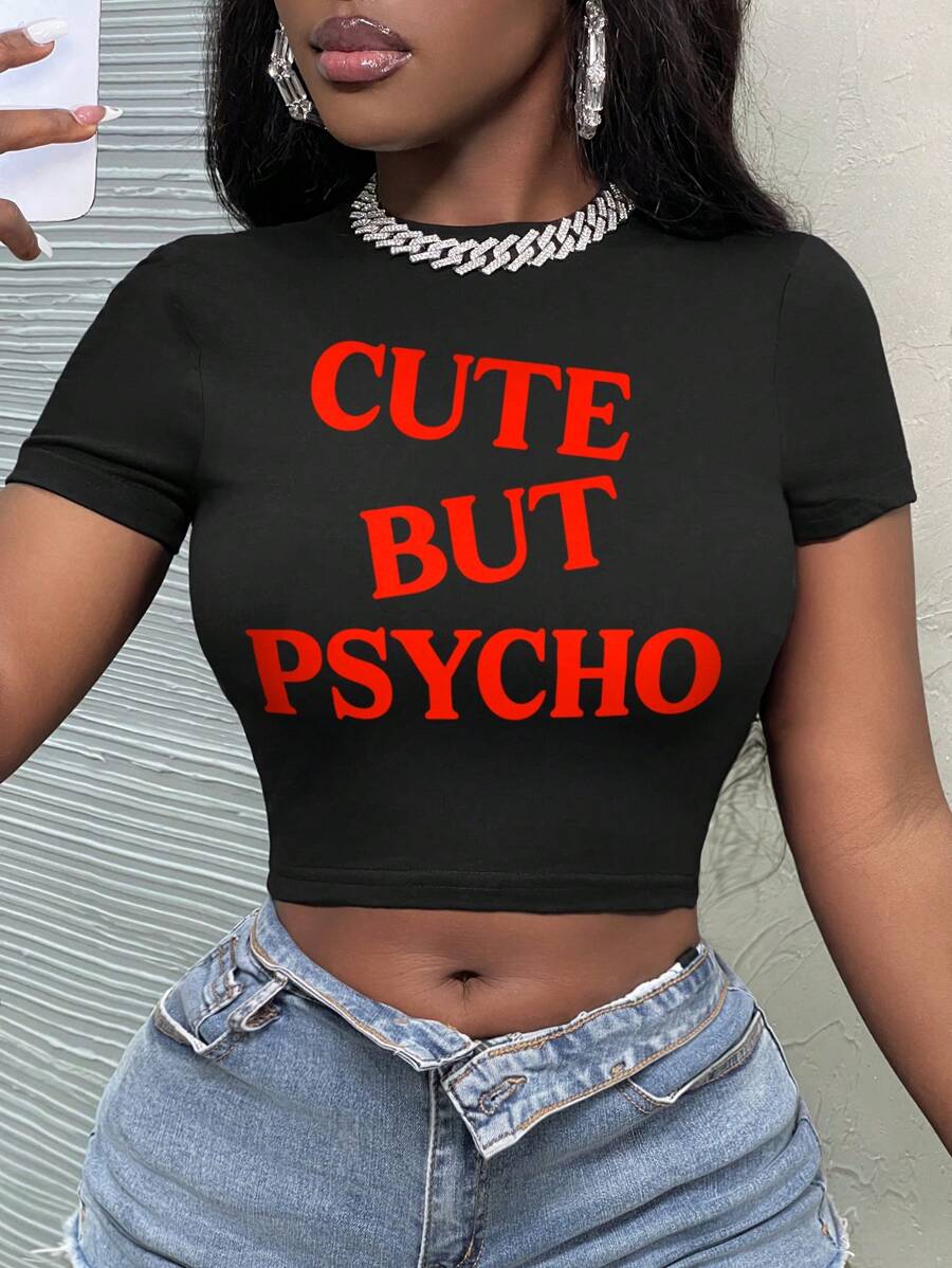 Slaydiva Áo thun nữ cổ tròn tay ngắn in chữ dễ thương, phù hợp cho mùa hè - màu đen - Xem 1