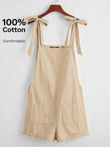 SHEIN EZwear Knot Strap Pocket Patched Pinafore Romper - Khaki - View 5