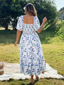 Flirla 大码女式优雅通勤、约会、休闲、度假花卉和植物印花方领泡泡袖短袖连衣裙 - 彩色 - 查看 2