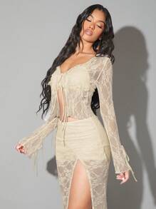 SHEIN BAE White Lace See-Through Sexy Going Out Blouse With Ruffle, Bowknot Strap Decor, Suitable For Date, Night Club Party, Open Top For Women