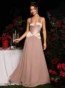 Coutiva Elegantes patchwork extra langes Abendkleid, Hochzeitsgastkleid für Frauen, Partykleid