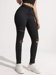 SHEIN EZwear 女式口袋破洞紧身休闲百搭牛仔裤 - 黑色 - 查看 6