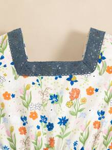 SHEIN 1pc Girls Retro Floral Bunny Print Dress, Pleated Ruffle Puff Sleeves, Peter Pan Collar With Elastic Waist, Fashionable Vintage Style