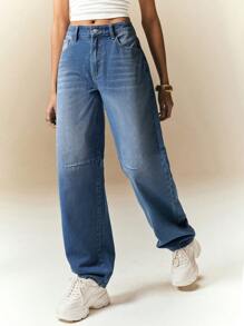 Poéselle 女式宽松口袋翻边阔腿牛仔裤，百搭 - 霧霾藍 - 查看 1