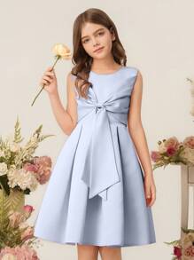 Tween Girls Princess Dress, Elegant Sleeveless Girl Birthday Party Wedding Flower Girl Bridesmaid Dress With Bowknot - Blue - View 5