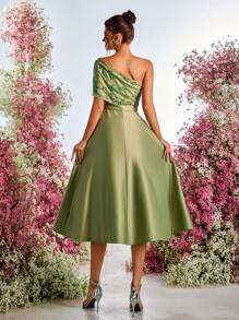 Lovelzi 优雅华丽的亮片拼接缎面不对称领口 A 字形长裙，适合晚会、庆典、约会、舞会礼服、婚礼宾客礼服 S、派对礼服、舞会礼服 - 綠色 - 查看 2