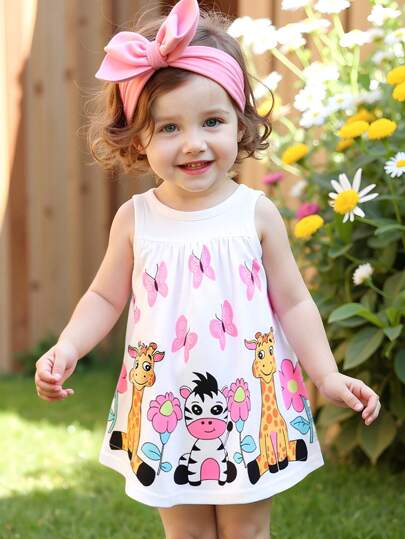 SHEIN Perso Play Baby Girls Cute Cow & Giraffe Element Sleeveless Dress, Fashionable New Design For Spring/Summer