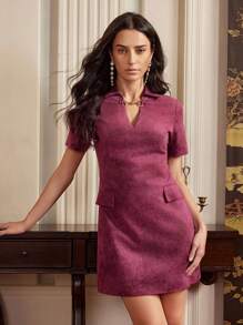 Anewsta Elaire V 领扎染收腰 POLO 领连衣裙，适合老钱节、外出、度假装、女士 - 酒紅色 - 查看 1