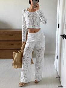 SHEIN Essnce Women's White Sheer Lace Two-Piece Set: Cropped Y2K Top & High-Waisted Wide-Leg Pants | Festival Outfit, Coachella Essentials, Viral Summer 2024 Fashion Boho Casual Loungewear | Suitable For Music Festivals