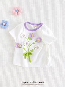 Cozy Pixies Bebê menina 3D floral malha macia gola redonda manga curta casual pullover top - Roxa - Ver 8