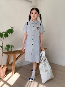 DAZY Tween Girls' Summer Casual Striped Button Front Dress, College Style,Back To School Clothes - Blue - View 3