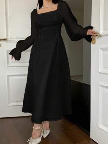 Feyla 女士纯色方领荷叶边下摆长袖连衣裙长款晚礼服 - 黑色 - 查看 4