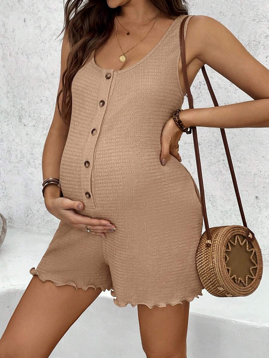 SHEIN Maternity Casual Solid Color Front Button Sleeveless Jumpsuit - Khaki - View 1
