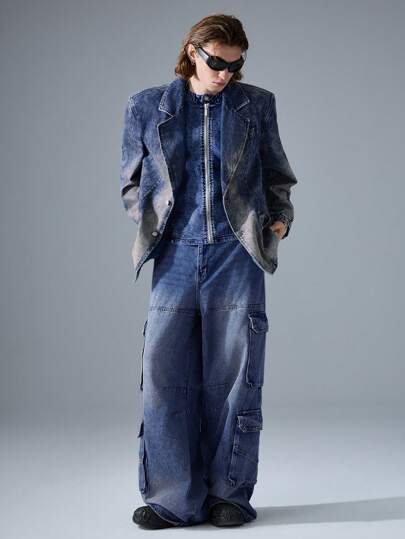 NEON BLANC 男士街头风格编织蓝色牛仔刺绣长袖休闲夹克棉质，适合秋冬