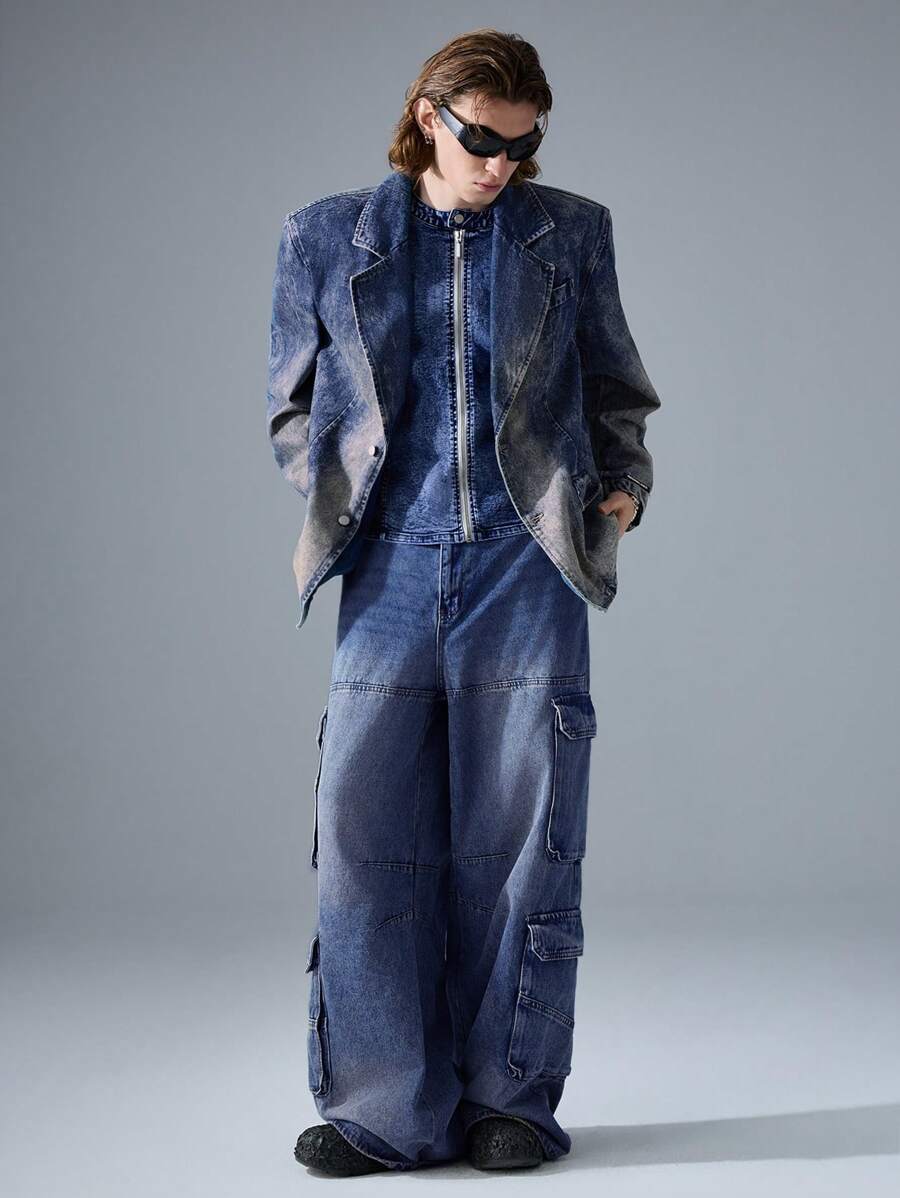 NEON BLANC Men's Street Style Woven Blue Denim Embroidered Long Sleeve Casual Jacket Cotton, For Fall Winter - Blue - View 1