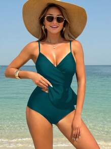 Swim Lushoire 2pcs Solid Color Criss-Cross Twist Flounce Hem Swimwear Sets For Summer Beach Vacation - Dark Green - View 6
