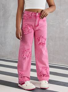 1pc Tween Girls Star Embroidered Straight Leg Jeans, Does Not Include Accessories