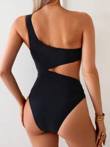 Swim Chiccia 1 件女式性感休闲优雅复古纯色单肩镂空露背金属 U 形环装饰连体泳衣，春假 - 黑色 - 查看 2