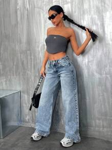 SHEIN Jeans décontractés à jambe large avec poches inclinées et taille basse