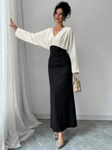 Firerie Women's Elegant Contrast Color Splice Batwing Sleeve Dress