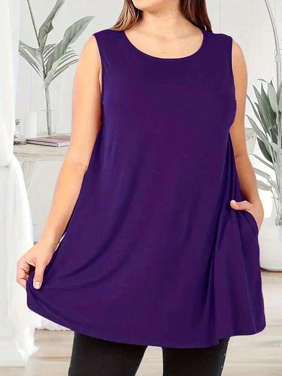 Plus Size Casual Solid Color Sleeveless Dress - Purple - View 1