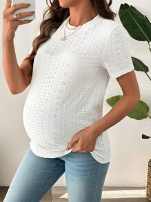 SHEIN Fashionable Casual Maternity Hollow Out Round Neck Short Sleeve T-Shirt, Summer