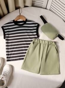 2pcs Young Boys' Black & White Striped Vest + Light Green Pants + Matching Crossbody Bag Set, Versatile, Comfortable, Suitable For Daily Wear, Outdoor Activities, Travel, School, Spring/Summer