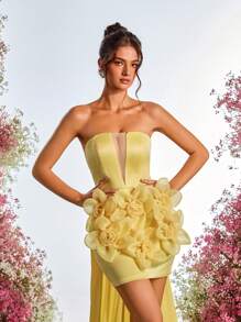 SHEIN Belle Elegant, Romantic, Sexy, Yellow, Satin, Strapless Tube Three-Dimensional Floral Dress, Back Strap Adjustment, Back Drop, Tail Wedding Guest Dress, Vacation, Wedding Event, Graduation, Date, Birthday, Prom, Cocktail Dress, Party Dress,Graduation,Graduation Dresses For Women,Back To School Dress