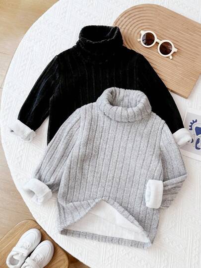 SHEIN 2 件装年轻男孩儿童休闲学院风基本款针织保暖衬里领口修身休闲 T 恤套装，适合通勤、上学、日常休闲、幼儿园、生日派对、婚礼、洗礼、返校、校服、运动、秋冬