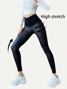 SHEIN Essnce Quần legging bó bụng không đường may cạp cao cho nữ, quần legging tập yoga bó, quần PU, quần thể thao, quần đạp xe, màu đen - màu đen - Xem 2
