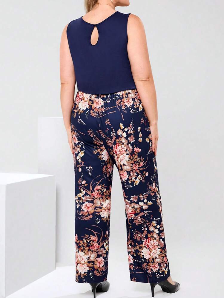 Plus Size Women Floral Print Patchwork Round Neck Sleeveless  Elegant  Jumpsuit, Casual Holiday Wear Summer Clothes Spring Outfits For Women Tropical  Vacation Outfits Woman Mature Elegant Woman