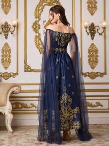 Al Najma 女士巴洛克印花露肩撞色网眼嵌件阿拉伯连衣裙 - 藍色 - 查看 3