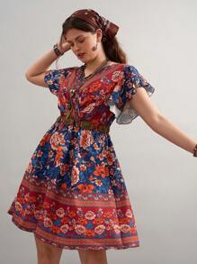 SHEIN VCAY Große Größen Damen Sommer Lässig Urlaub Western Country Schmetterlingsärmel Wickelkleid