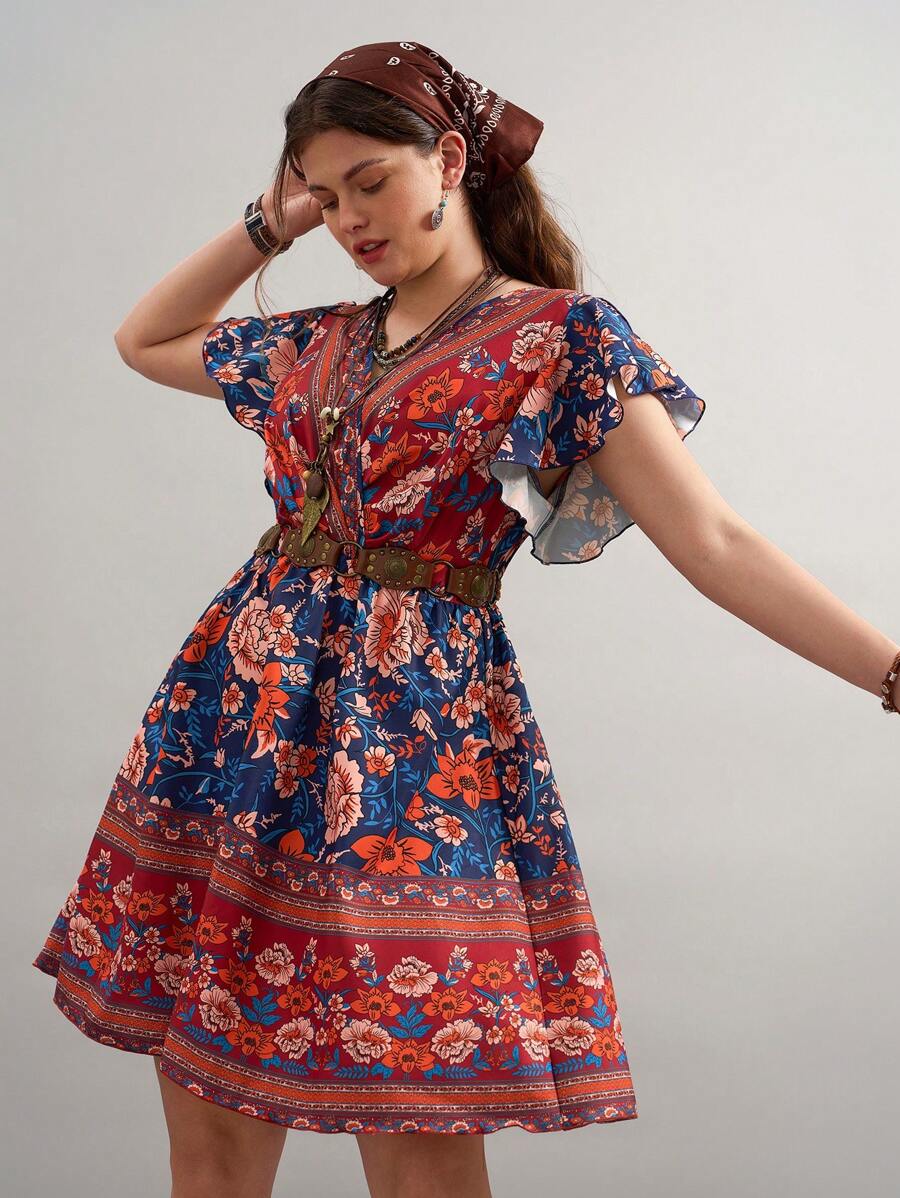 SHEIN VCAY Große Größen Damen Sommer Lässig Urlaub Western Country Schmetterlingsärmel Wickelkleid