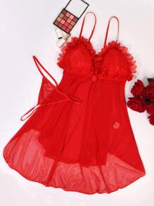 SHEIN 2pcs Set Valentine's Lace Mesh Splice Plus Size Sexy Nightgown With String Panty