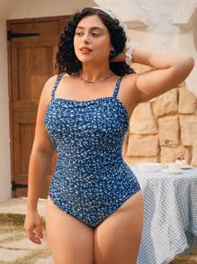 Plus Size Women Sweet Ditsy Floral One-Piece Swimsuit, Casual Vacation One-Piece Bathing Suit