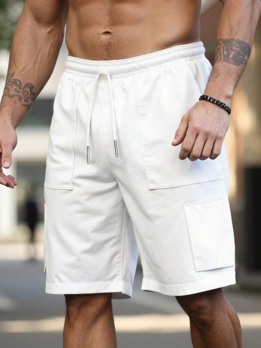 Manfinity Homme Plus Size Men's Solid Color Drawstring Waist Pocket Loose Shorts - White - View 1