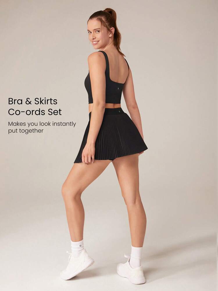 2 Pieces  Quick-Dry Sweat-Wicking U-Back Tank Removable Cups & Pleated Mini Skirt With Built-In Shorts Set Daily Casual Spring Summer