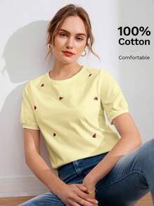 SHEIN EZwear Áo thun nữ Nghề thêu Rau quả Giải trí - Màu vàng - Xem 1