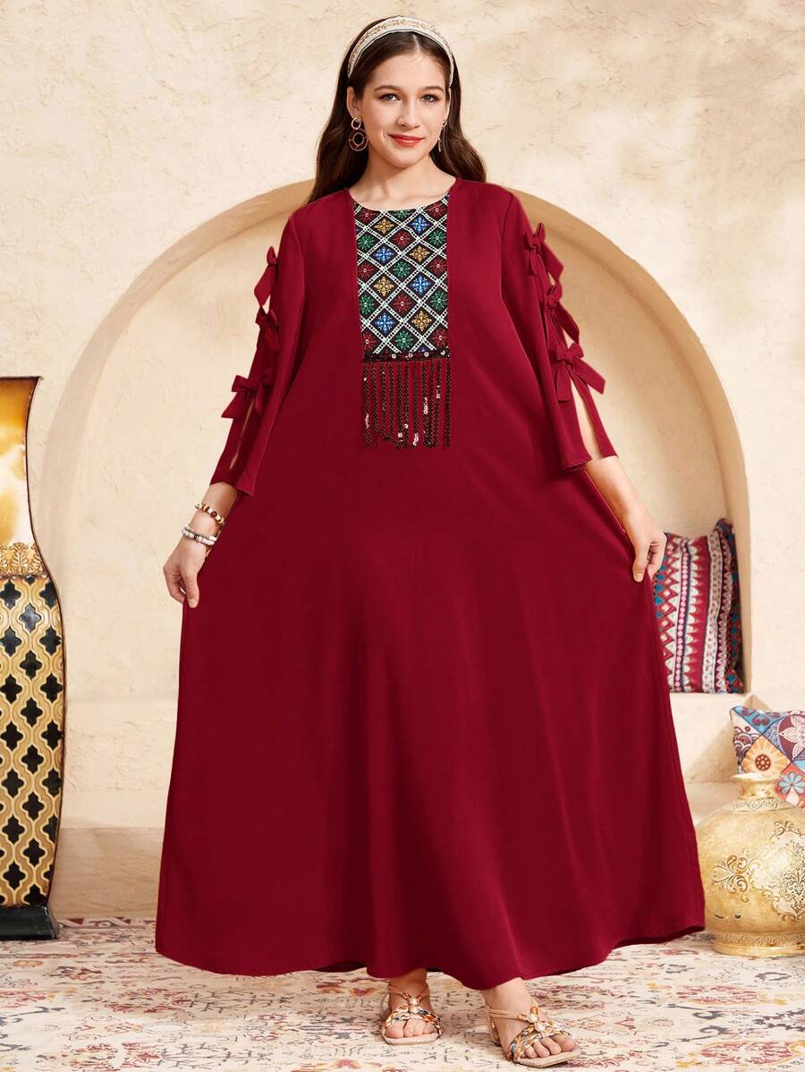 SHEIN Teen Girl Casual Vacation Patchwork Vintage Retro Print Sequin Tassel Bow Decor Maxi Dress, Woven - Red - View 1