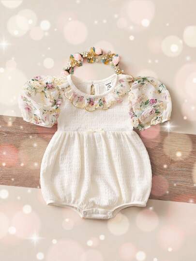 Newborn Baby Girls' Cute Apricot Floral Pattern Peter Pan Collar Bodysuit, Summer