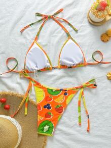 SHEIN Swim Women's Spring Break Fruit Pattern Print Bikini Casual Sexy Two-Piece Swimwear