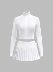 SHEIN ICON 白色女士服装纯色 Y2k 外出开衫上衣和褶腰不对称裙子套装，日常穿着，运动风格 - 白色 - 查看 8