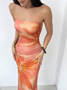 SHEIN Privé Elegante romantische mode voor dames, sexy elegante bloemenprint bodycon bandeaujurk met ruches aan de zoom, geschikt voor feest, Kerstmis