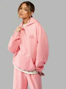 MISSGUIDED Oversized Drawstring Hoodie Sweatshirt Classic Pullover Athletic Loungewear Fall Winter Casual Streetwear Hip Hop Style Gym Workout Essential - Pink - View 1