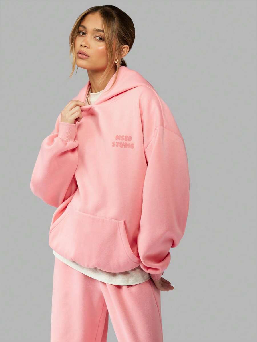 MISSGUIDED Oversized Drawstring Hoodie Sweatshirt Classic Pullover Athletic Loungewear Fall Winter Casual Streetwear Hip Hop Style Gym Workout Essential - Pink - View 1